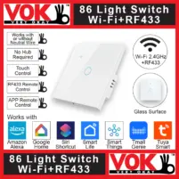 VOK Smart Wi-Fi+RF433 1-Gang White Color 86-EU/UK/Global Borderless Glass Power Light Switch Indoor Control Panel with LED Indicator