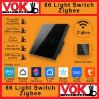 VOK Smart Zigbee 2-Gang Black Color 86-EU/UK/Global Borderless Glass Power Light Switch Indoor Control Panel with LED Indicator No Capacitor Neutral Wire Required